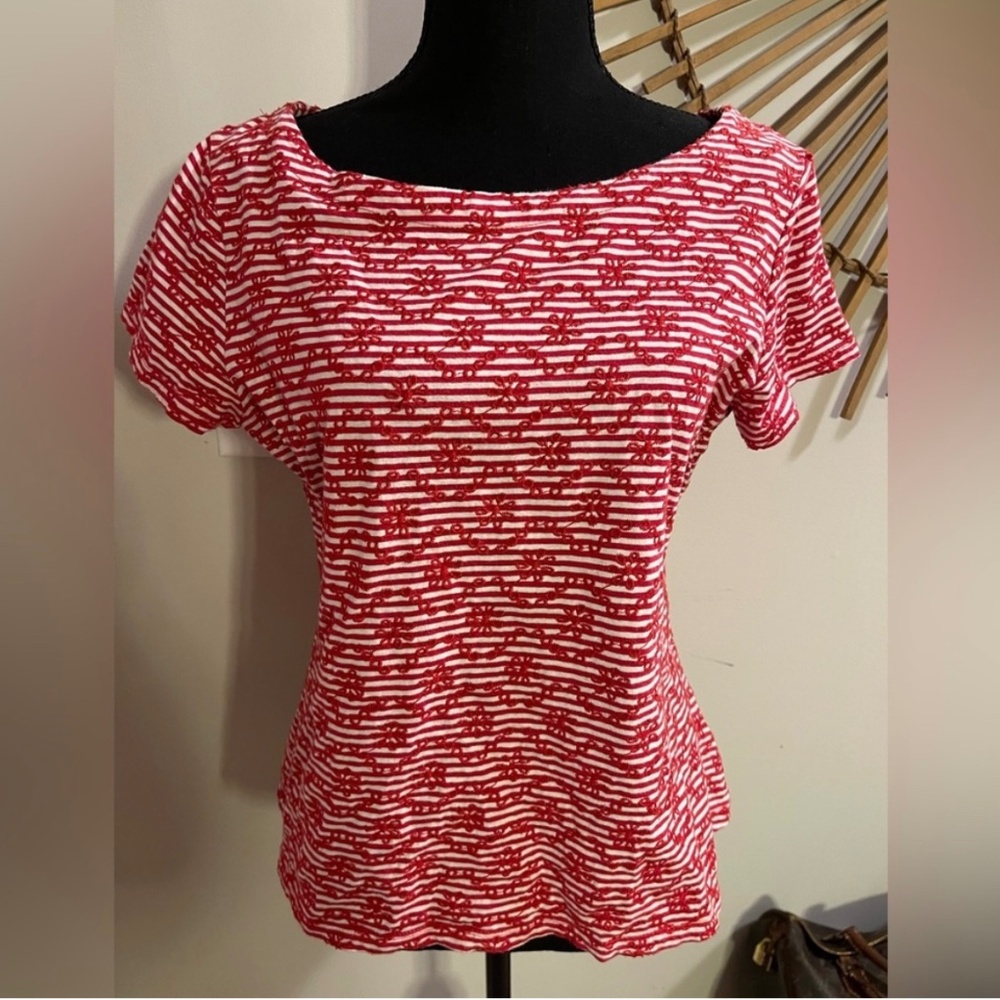 Anthropologie Postmark Bennett Red & White Embroidered Striped Top Size M EUC